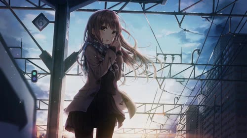 anime girl railway station in the snow desktop wallpaper 